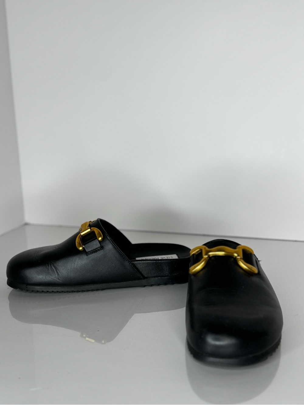 Steve Madden Black Leather Mules with Gold Hardware NWT